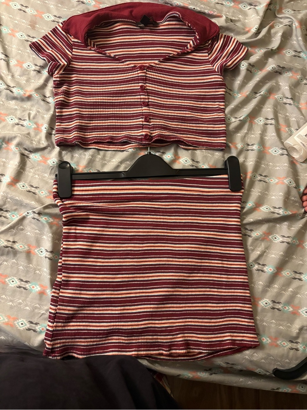 Burgundy Striped Ribbed Two-Piece Top and Skirt Set